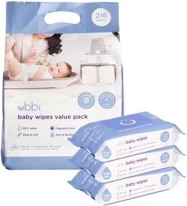 Main image of Fragrance-Free Baby Wipes, 99% Water Based, Plant Based Wipes, Hypoallergenic for Sensitive Skin with Chamomile, Vitamin E & Aloe, EWG Verified, Value Pack, 3 Pack (216 Wipes Total)