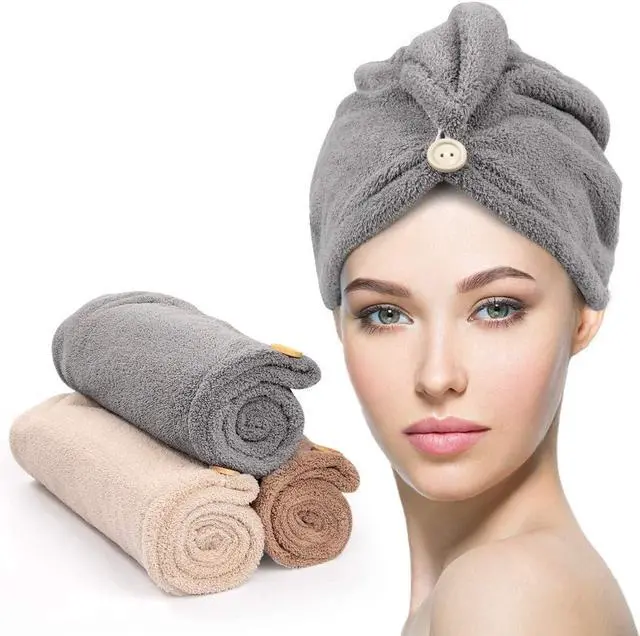 Main image of 3 Pack Hair Drying Towels, Hair Towel with Button, Super Absorbent Microfiber Hair Towel for Curly Hair, Fast Drying Hair Wraps for Women Girls, Microfiber Towel for Hair