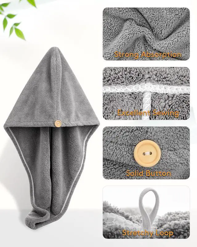 Alt view image 3 of 6 - 3 Pack Hair Drying Towels, Hair Towel with Button, Super Absorbent Microfiber Hair Towel for Curly Hair, Fast Drying Hair Wraps for Women Girls, Microfiber Towel for Hair
