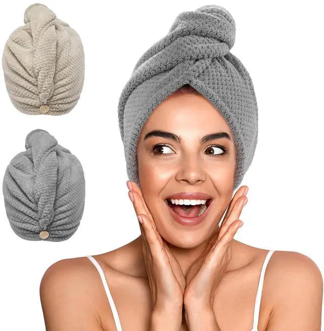 Main image of 2 Pack Microfiber Hair Towel Wrap for Women, Super Absorbent Quick Dry Hair Turban for All Hair Style Anti Frizz, Large Hair Drying Towel with Button