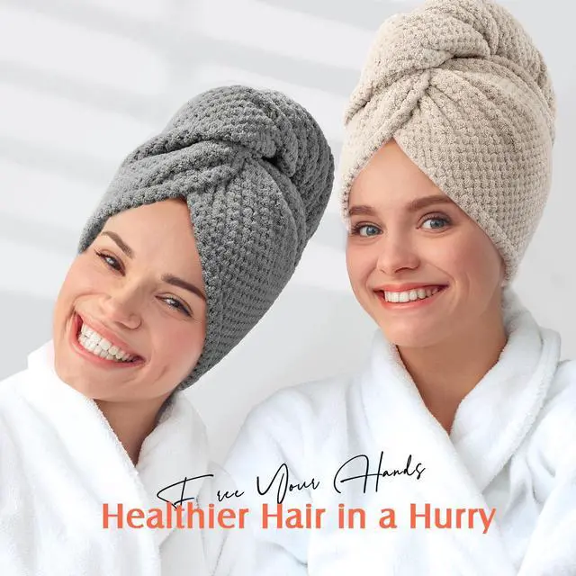 Alt view image 7 of 7 - 2 Pack Microfiber Hair Towel Wrap for Women, Super Absorbent Quick Dry Hair Turban for All Hair Style Anti Frizz, Large Hair Drying Towel with Button