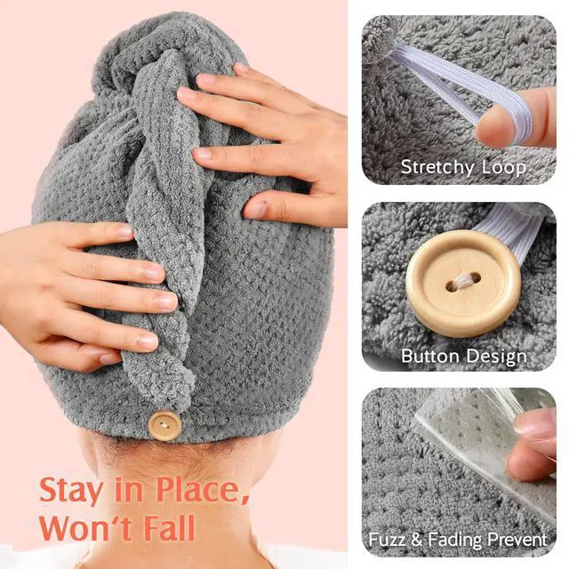 Alt view image 5 of 7 - 2 Pack Microfiber Hair Towel Wrap for Women, Super Absorbent Quick Dry Hair Turban for All Hair Style Anti Frizz, Large Hair Drying Towel with Button
