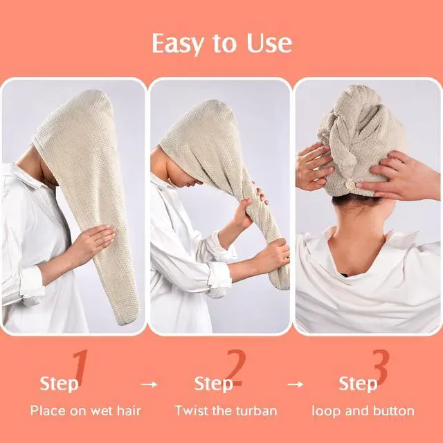 Alt view image 6 of 7 - 2 Pack Microfiber Hair Towel Wrap for Women, Super Absorbent Quick Dry Hair Turban for All Hair Style Anti Frizz, Large Hair Drying Towel with Button