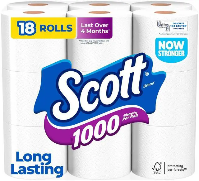 Main image of 1000 Toilet Paper, 18 Rolls, Septic-Safe, 1-Ply Toilet Tissue