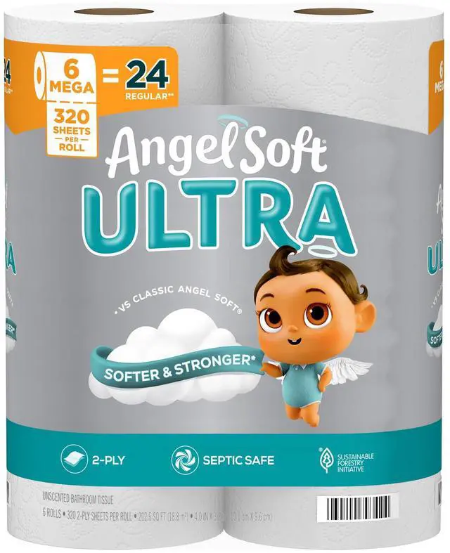 Main image of Ultra Toilet Paper, 6 Mega Rolls = 24 Regular Rolls, 2 Ply Toilet Tissue