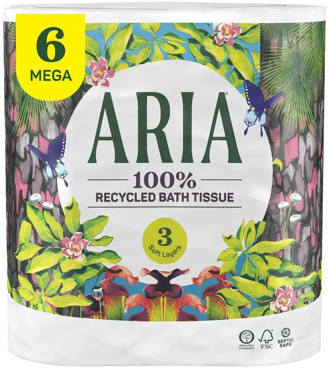 Main image of 100% Recycled Toilet Paper, 6 Rolls, 3-Ply Soft Bath Tissue, Paper Packaging