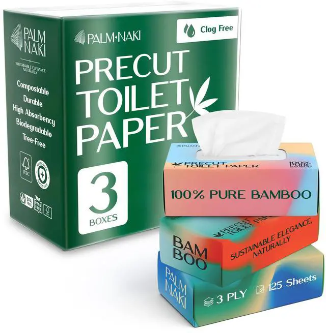 Main image of Pre-Cut Bamboo Toilet Paper 3-Ply, Tissue Boxes Gentle & Sustainable | No Fragrance, No BPA, No PFAS Lint-Free | Septic Safe, Dissolves Fast | 3 Boxes (125 Sheets/Box)