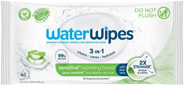 Main image of Sensitive+ Hydrating Boost Wipes, 3-In-1 Cleans, Cares, Hydrates, 99% Water with Aloe Vera, Unscented & Hypoallergenic Baby Wipes, 60 Count (1 Pack)
