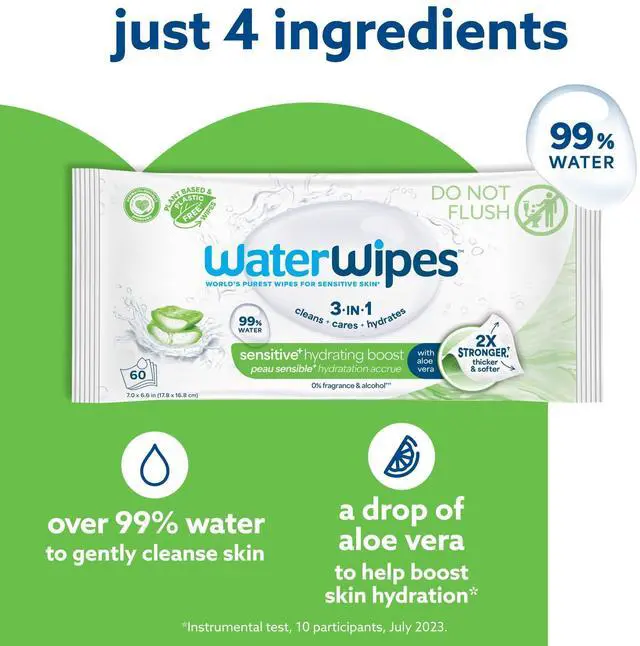 Alt view image 4 of 7 - Sensitive+ Hydrating Boost Wipes, 3-In-1 Cleans, Cares, Hydrates, 99% Water with Aloe Vera, Unscented & Hypoallergenic Baby Wipes, 60 Count (1 Pack)