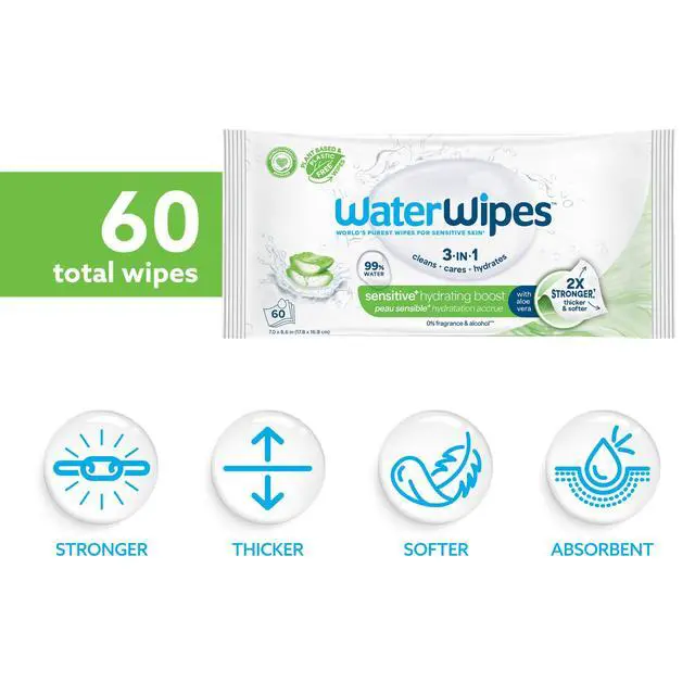 Alt view image 2 of 7 - Sensitive+ Hydrating Boost Wipes, 3-In-1 Cleans, Cares, Hydrates, 99% Water with Aloe Vera, Unscented & Hypoallergenic Baby Wipes, 60 Count (1 Pack)