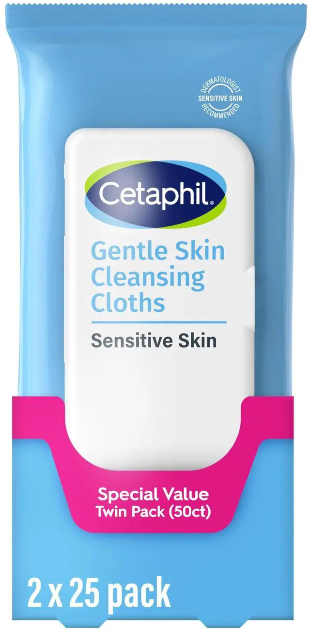 Main image of Face and Body Wipes, Gentle Skin Cleansing Cloths, 50 Count, Twin Pack, for Dry, Sensitive Skin, Flip Top Closure, Great for the Gym, Travel, in the Car, Hypoallergenic, Fragrance Free