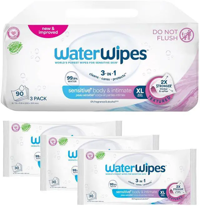 Main image of Sensitive Whole Body Cleansing Wipes, 99.9% Purified Water, XL Textured Wipes, Incontinence Care, Fragrance Free, 90 Count