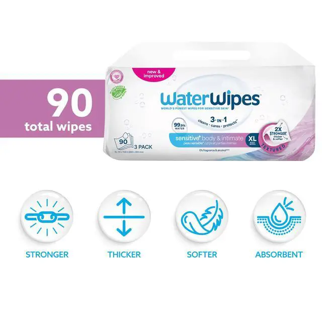Alt view image 2 of 7 - Sensitive Whole Body Cleansing Wipes, 99.9% Purified Water, XL Textured Wipes, Incontinence Care, Fragrance Free, 90 Count
