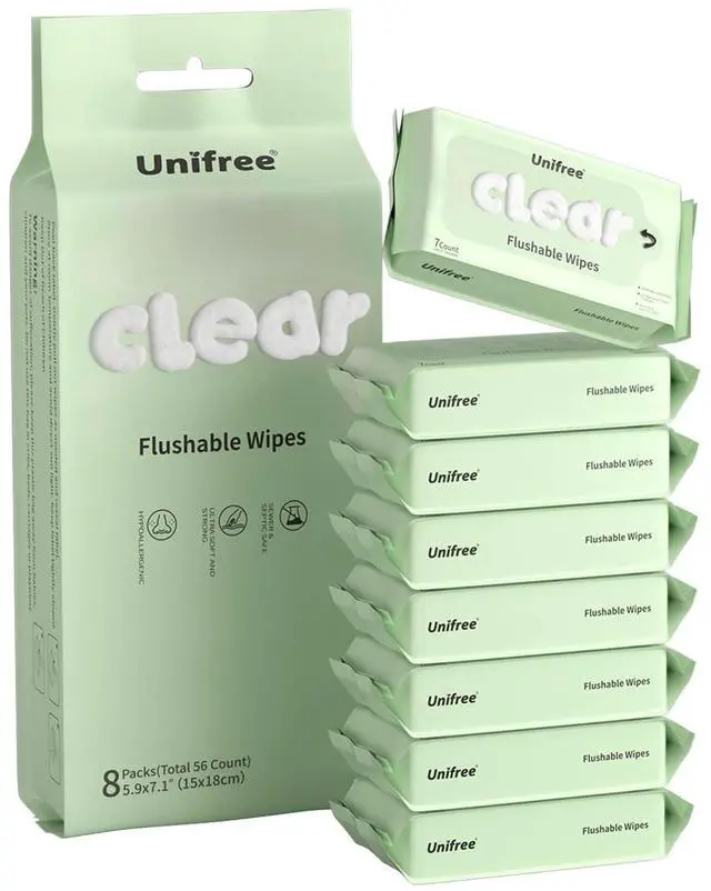 Main image of Compact Flushable Wipes, XL On-The-Go Pocket Wipes for Sensitive Skin, Unscented, Travel, Biodegradable, 8 Pack 56 Wipes