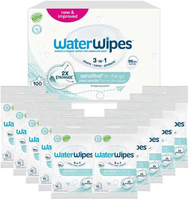Main image of Sensitive+ On The Go Wipes, 3-In-1 Cleans, Cares, Protects, 99.9% Water, Unscented & Hypoallergenic Wet Wipes, 100 Count (10 Packs)