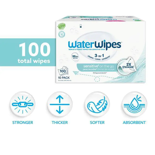 Alt view image 2 of 7 - Sensitive+ On The Go Wipes, 3-In-1 Cleans, Cares, Protects, 99.9% Water, Unscented & Hypoallergenic Wet Wipes, 100 Count (10 Packs)
