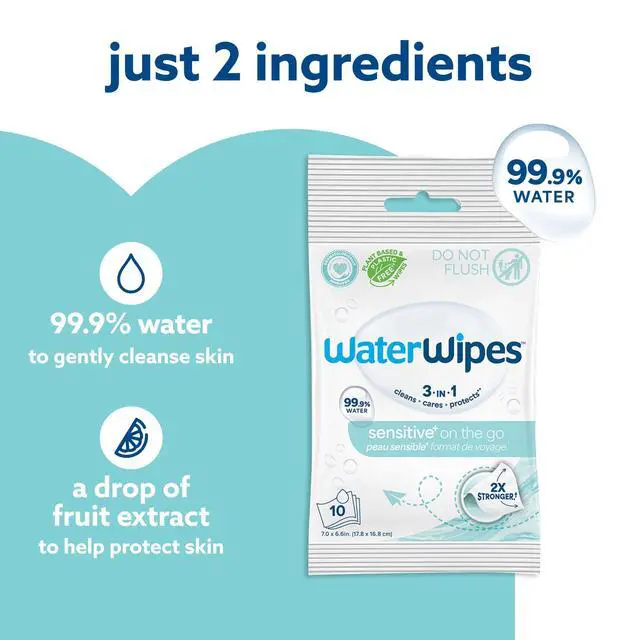 Alt view image 4 of 7 - Sensitive+ On The Go Wipes, 3-In-1 Cleans, Cares, Protects, 99.9% Water, Unscented & Hypoallergenic Wet Wipes, 100 Count (10 Packs)