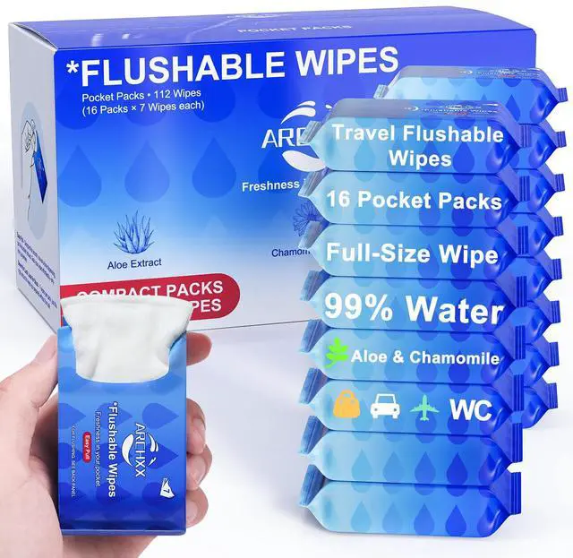 Main image of Travel Flushable Wipes, 16 Travel Packs (112 Count), Value Pack, 99% Water with Aloe & Chamomile, Unscented & Hypoallergenic, Mini Wet Wipes, for Sensitive Skin, for Adults & Kids