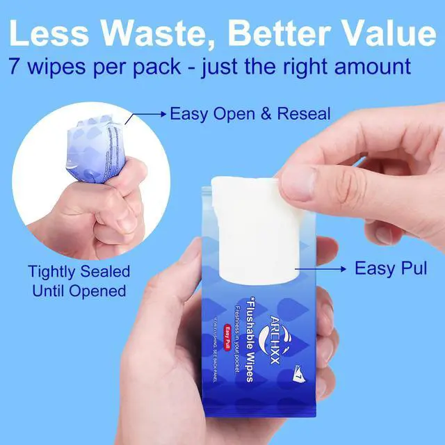 Alt view image 4 of 7 - Travel Flushable Wipes, 16 Travel Packs (112 Count), Value Pack, 99% Water with Aloe & Chamomile, Unscented & Hypoallergenic, Mini Wet Wipes, for Sensitive Skin, for Adults & Kids