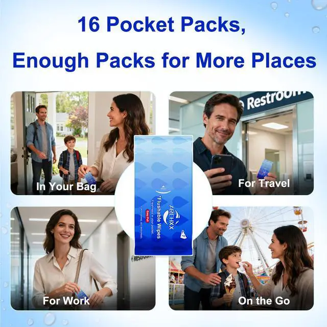 Alt view image 3 of 7 - Travel Flushable Wipes, 16 Travel Packs (112 Count), Value Pack, 99% Water with Aloe & Chamomile, Unscented & Hypoallergenic, Mini Wet Wipes, for Sensitive Skin, for Adults & Kids