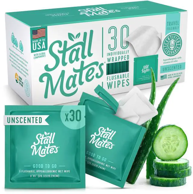 Main image of Flushable Wipes - Individually Wrapped Travel Flushable Wipes for Women and Men, Unscented Personal Bathroom Wipes with Cucumber, Vitamin-E & Aloe, Fresh Clean, (30 on-the-go singles)