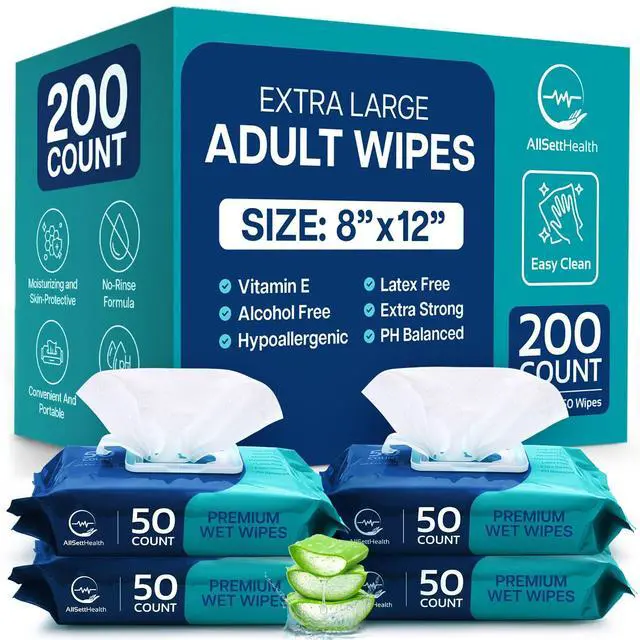 Main image of Body Wipes for Adults Bathing No Rinse - Adult Wipes for Elderly 8"x 12"(200 count) Shower No Rinse, Incontinence Disposable Washcloths, Aloe Vera, Vitamin E + 4 individual Packs
