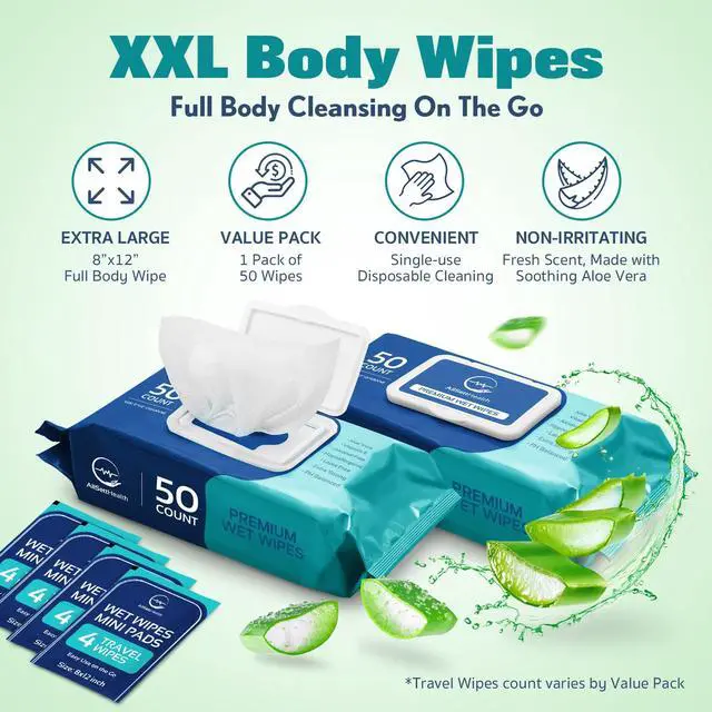 Alt view image 2 of 6 - Body Wipes for Adults Bathing No Rinse - Adult Wipes for Elderly 8"x 12"(200 count) Shower No Rinse, Incontinence Disposable Washcloths, Aloe Vera, Vitamin E + 4 individual Packs