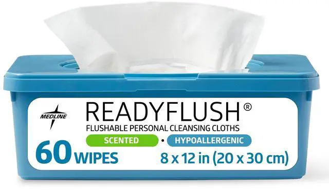 Main image of ReadyFlush Flushable Wipes (60 Wipes per Tub), Scented, Biodegradable Flushable Incontinence Wet Wipes for Adults with Aloe, Hypoallergenic & pH-Balanced Personal Cleansing Cloths, 8" x 12"