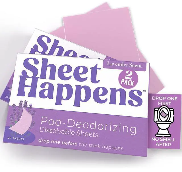 Main image of Pre-Poo Toilet Sheets, Lavender Field Scent, 2 Pack, 40 Dissolvable Odor-Stopping Sheets, Toilet Spray Alternative That Removes Poop Odor Quietly, Septic Safe, Travel Essentials