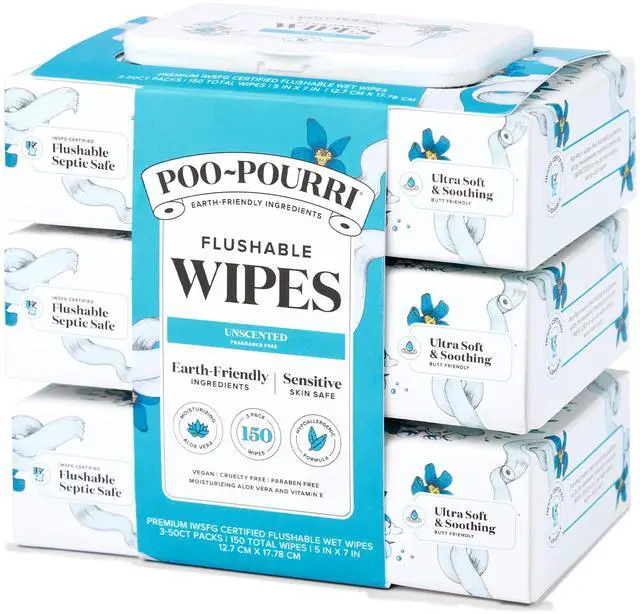 Main image of Unscented Flushable Wipes - Made with Plant Based Fibers, Aloe, Vitamin E, Chamomile, and Oat Extract - Adult Wet Wipes - 150 count - Septic & Sewer Safe - Fragrance Free Packaging May Vary