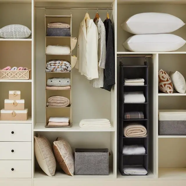 Alt view image 2 of 6 - Hanging Closet Organizer, 6-Shelf Closet Hanging Storage with Side Pockets, Beige