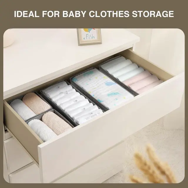 Alt view image 2 of 6 - Drawer Organizers Clothes, Set of 4 Dresser Organizer Bins, Fabric Closet Organizers and Storage, Shallow Drawer Dividers for Nursery, Clothing, Baby Clothes, Socks, Underwears, Tie (Grey)