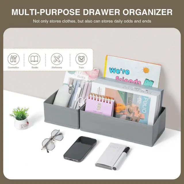 Alt view image 3 of 6 - Drawer Organizers Clothes, Set of 4 Dresser Organizer Bins, Fabric Closet Organizers and Storage, Shallow Drawer Dividers for Nursery, Clothing, Baby Clothes, Socks, Underwears, Tie (Grey)