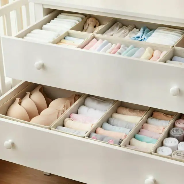 Alt view image 3 of 7 - Drawer Organizer for Clothes & Underwear - 4-Pack Fabric Storage Bins with Zipper Bottom | Bra Drawer Organizer & Sock Organizer for Dresser - Foldable Baby Clothes Organizer Set, Grey