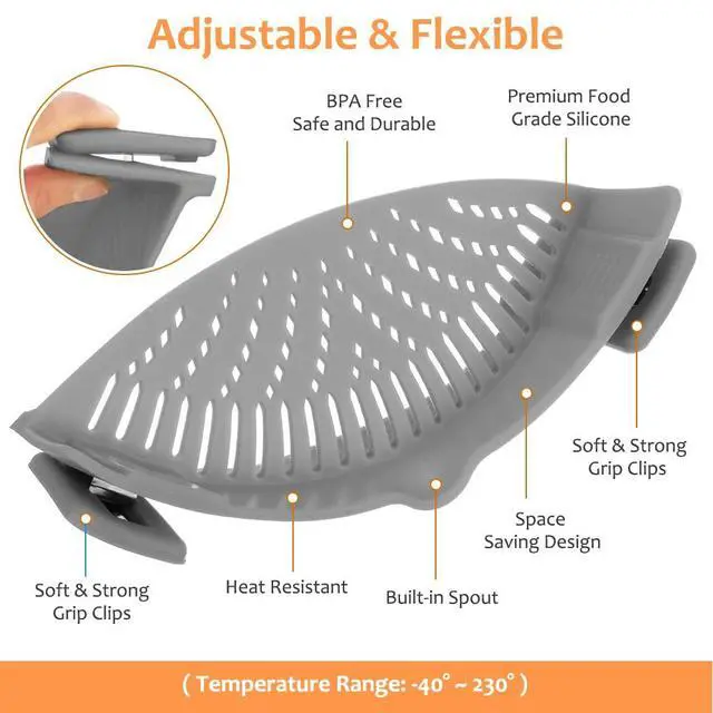 Alt view image 2 of 6 - Clip on Strainer for All Pots Pan,Silicone Pasta Strainer Kitchen Gadgets,Collapsible Colander for Noodle,Vegetables,Fruit,Spaghetti (Grey)