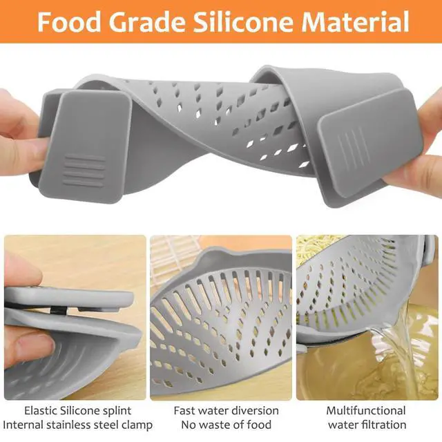 Alt view image 4 of 6 - Clip on Strainer for All Pots Pan,Silicone Pasta Strainer Kitchen Gadgets,Collapsible Colander for Noodle,Vegetables,Fruit,Spaghetti (Grey)