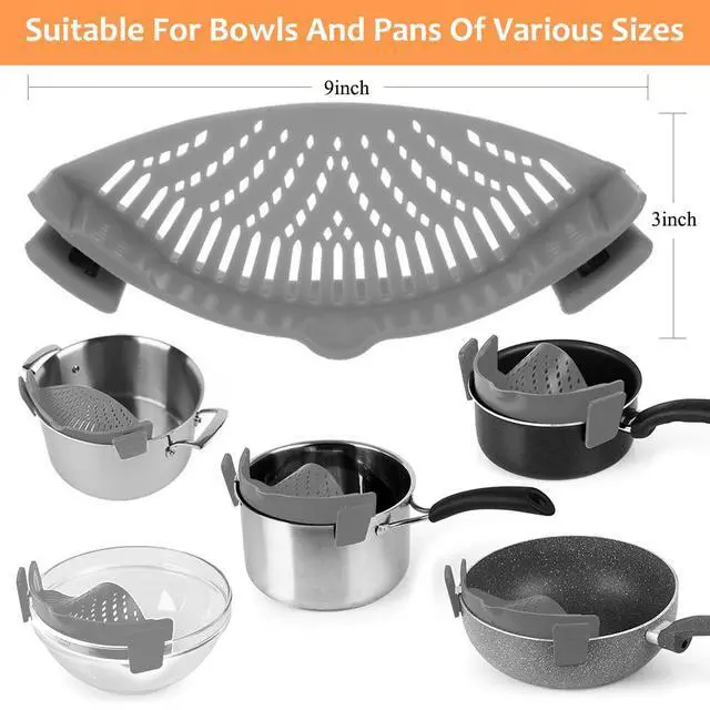 Alt view image 3 of 6 - Clip on Strainer for All Pots Pan,Silicone Pasta Strainer Kitchen Gadgets,Collapsible Colander for Noodle,Vegetables,Fruit,Spaghetti (Grey)