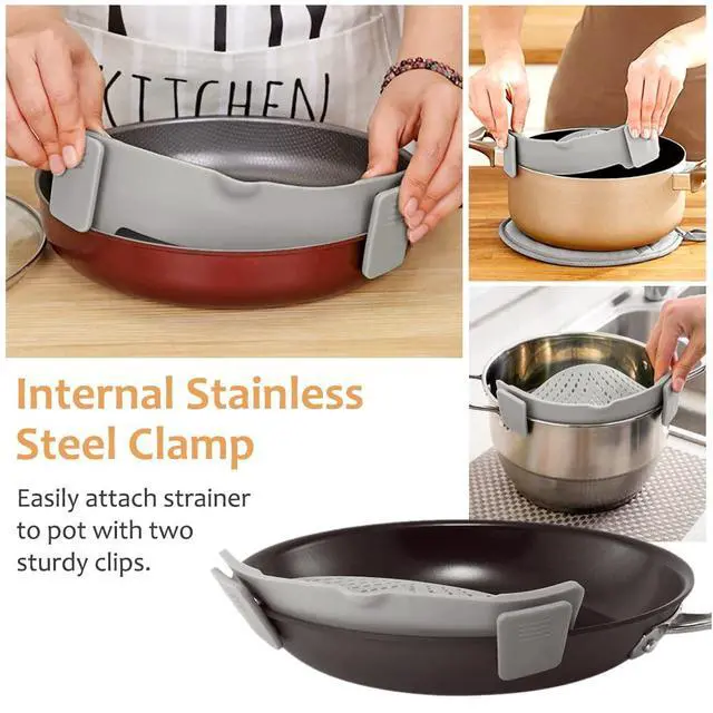 Alt view image 5 of 6 - Clip on Strainer for All Pots Pan,Silicone Pasta Strainer Kitchen Gadgets,Collapsible Colander for Noodle,Vegetables,Fruit,Spaghetti (Grey)