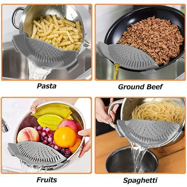 Alt view image 6 of 6 - Clip on Strainer for All Pots Pan,Silicone Pasta Strainer Kitchen Gadgets,Collapsible Colander for Noodle,Vegetables,Fruit,Spaghetti (Grey)