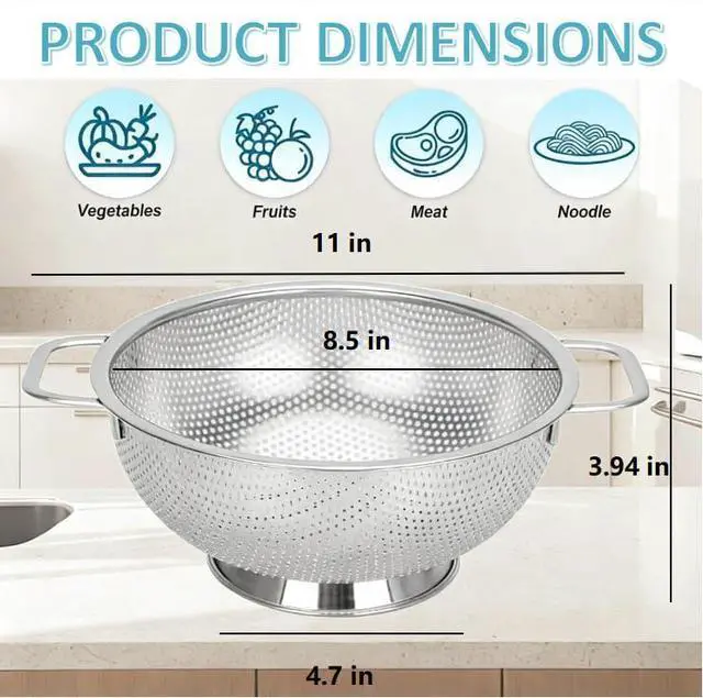 Alt view image 2 of 6 - 304 Stainless Steel Colander, Micro-Perforated 3-Quart Strainer with Base, Dishwasher Safe. Great for Pasta, Noodles, Vegetables & Fruits