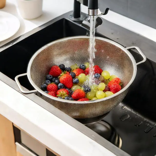 Alt view image 4 of 6 - 304 Stainless Steel Colander, Micro-Perforated 3-Quart Strainer with Base, Dishwasher Safe. Great for Pasta, Noodles, Vegetables & Fruits
