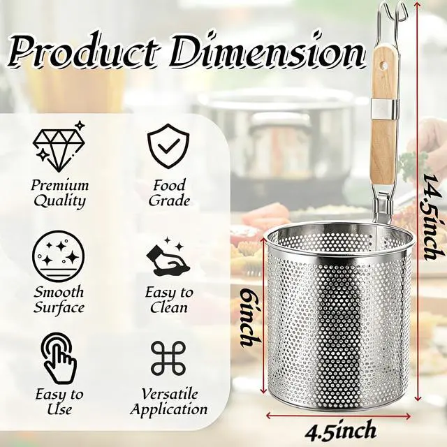 Alt view image 2 of 6 - 4 Pack Pasta Strainer, 4.5''D x 6''H Large Stainless Steel Mesh Spider Noodle Basket with Wood Handle, Fine Kitchen Food Skimmer Cooker for Spaghetti, Dumpling Boiling, Rinsing, Blanching