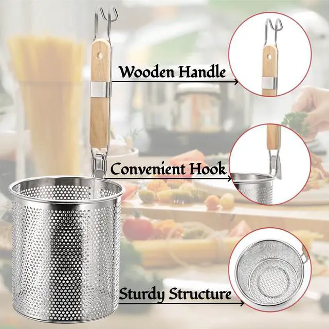 Alt view image 3 of 6 - 4 Pack Pasta Strainer, 4.5''D x 6''H Large Stainless Steel Mesh Spider Noodle Basket with Wood Handle, Fine Kitchen Food Skimmer Cooker for Spaghetti, Dumpling Boiling, Rinsing, Blanching