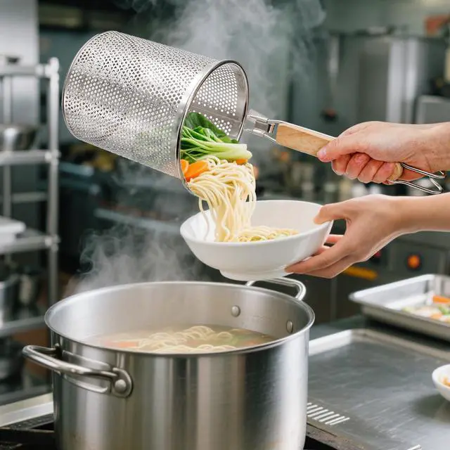 Alt view image 5 of 6 - 4 Pack Pasta Strainer, 4.5''D x 6''H Large Stainless Steel Mesh Spider Noodle Basket with Wood Handle, Fine Kitchen Food Skimmer Cooker for Spaghetti, Dumpling Boiling, Rinsing, Blanching