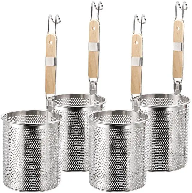 Main image of 4 Pack Pasta Strainer, 4.5''D x 6''H Large Stainless Steel Mesh Spider Noodle Basket with Wood Handle, Fine Kitchen Food Skimmer Cooker for Spaghetti, Dumpling Boiling, Rinsing, Blanching