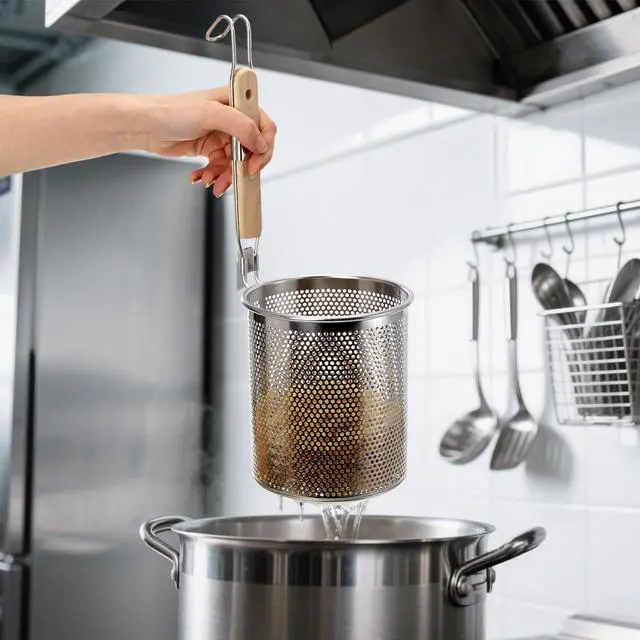 Alt view image 6 of 6 - 4 Pack Pasta Strainer, 4.5''D x 6''H Large Stainless Steel Mesh Spider Noodle Basket with Wood Handle, Fine Kitchen Food Skimmer Cooker for Spaghetti, Dumpling Boiling, Rinsing, Blanching