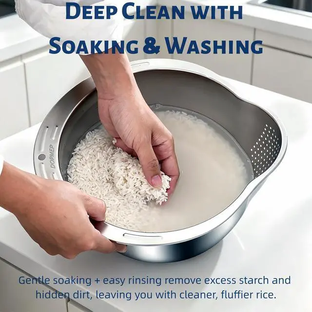 Alt view image 2 of 4 - Rice Washer Strainer Bowl Stainless Steel Colander with Side Drainer