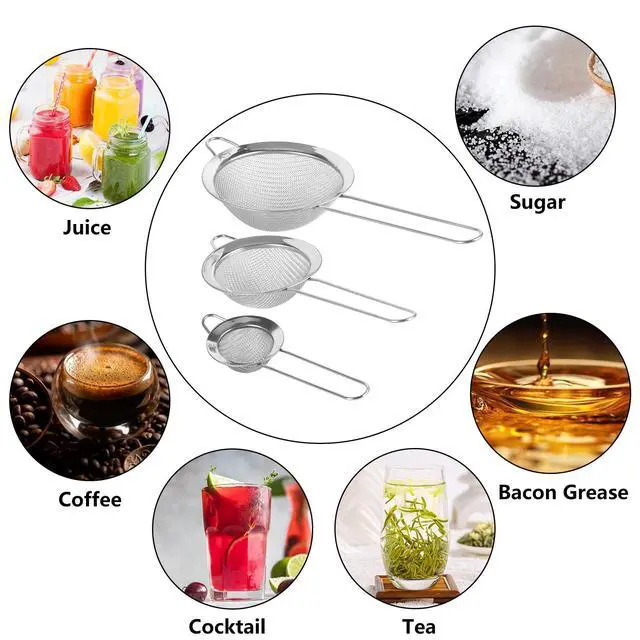 Alt view image 5 of 6 - 3 Pcs Fine Mesh Strainers with Handle, Stainless Steel Sifter Metal Strainer Set, Small Mini Sieve for Kitchen, Tea, Cocktail, Juice Coffee