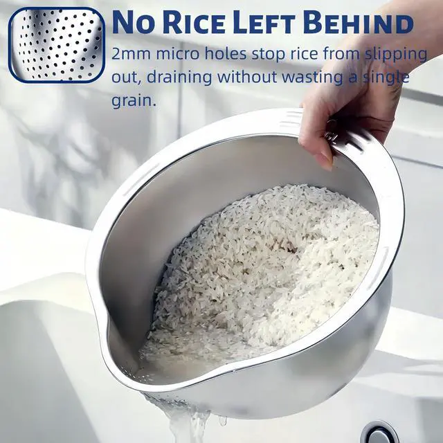 Alt view image 3 of 4 - Rice Washer Strainer Bowl Stainless Steel Colander with Side Drainer