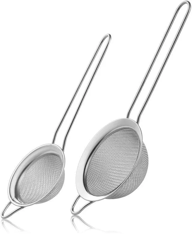 Main image of 2 Pack Fine Mesh Strainers, Mini Stainless Steel Strainer with Handle for Kitchen, Metal Sieve Sifters for Straining Tea, Matcha, Cocktail, Juice and Coffee (8.6in 7.5in)